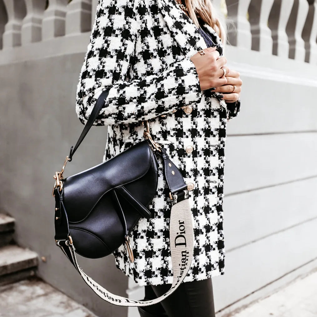 Autumn and Winter Long Sleeved Woolen Jacket Elegant Women's Plaid Patchwork Retro Blazers Long Windbreaker Coat houndstooth