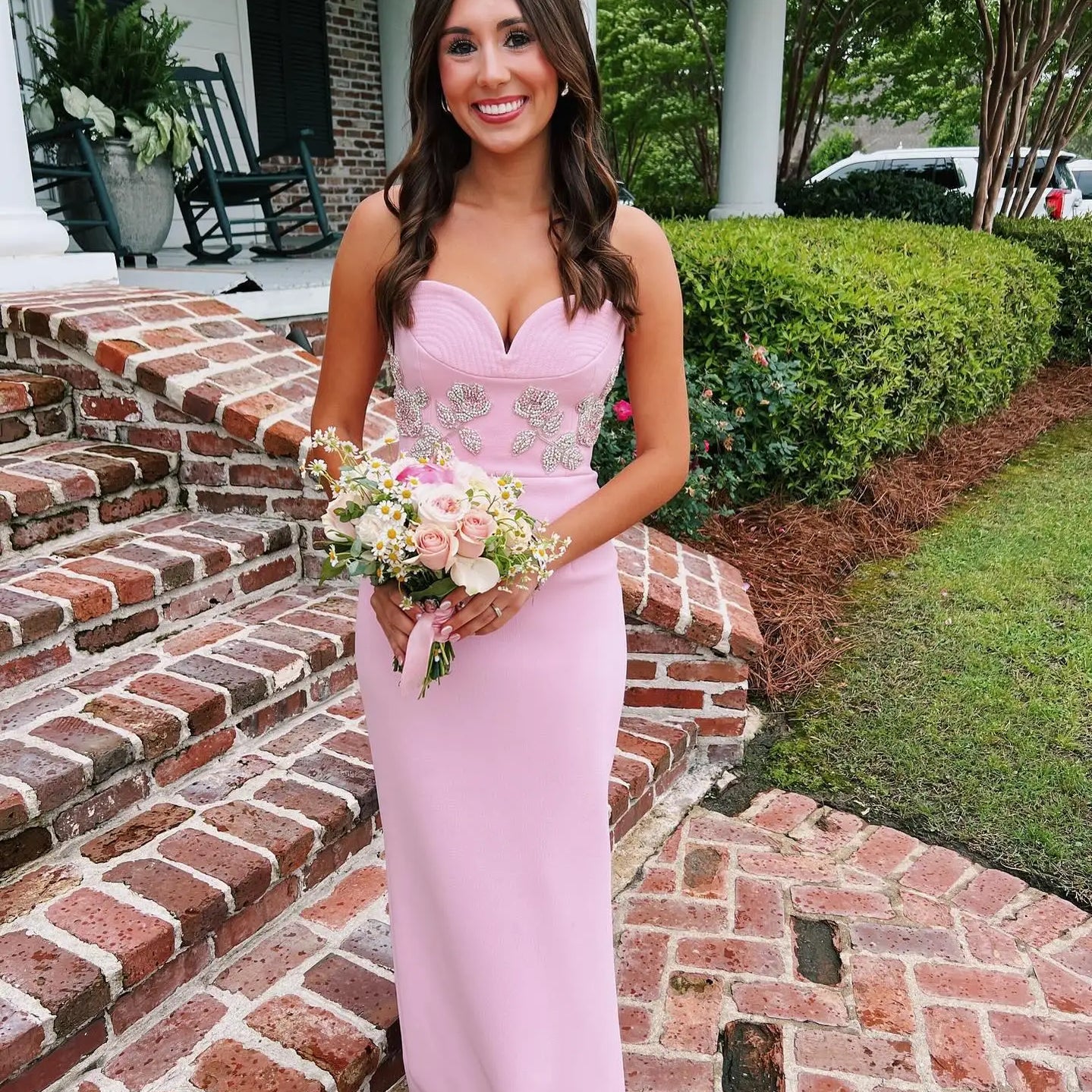 Stereoscopic Diamond Flowers Strapless Pink Ankle Lenght Bandage Dress Woman Birthday Party Vestido Celebrity Party Outfit Pink