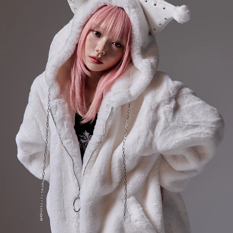 Winter Oversized Warm Thick White Faux Fur Coat Women with Hood Sweet Cute Kawaii Japanese Style Fashion Fluffy Jacket White