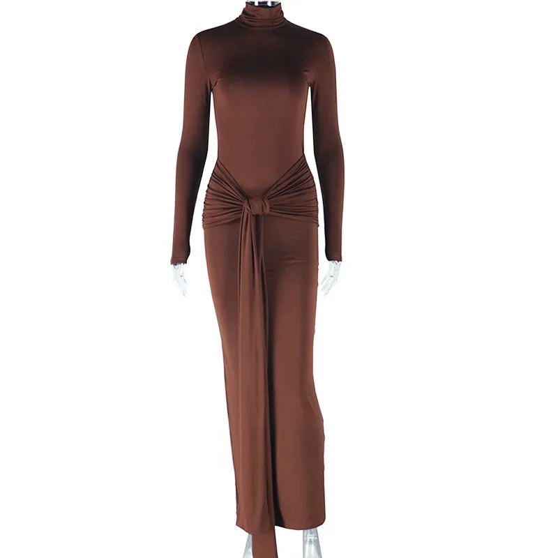 Women Full Sleeve Turtleneck Ribbon Ruched Long Maxi Dress 2025 Spring Sexy Street Slim Evening Night Club Party Dresses Dark Brown