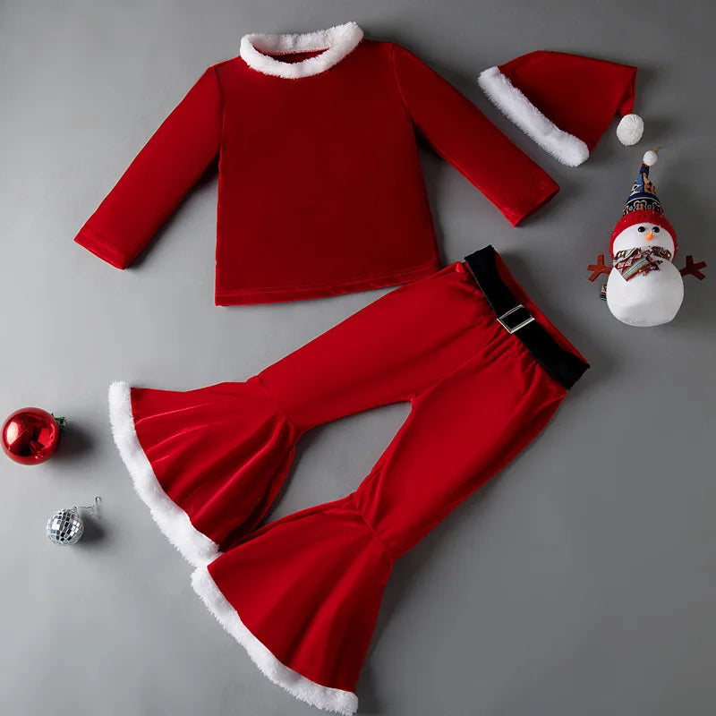 Toddler Christmas Sets Boys Girls Santa Claus Costume Suit Kids Top+Pants+Hat 3Psc Party Clothes Baby Cute Xmas Outfit 1-12yrs