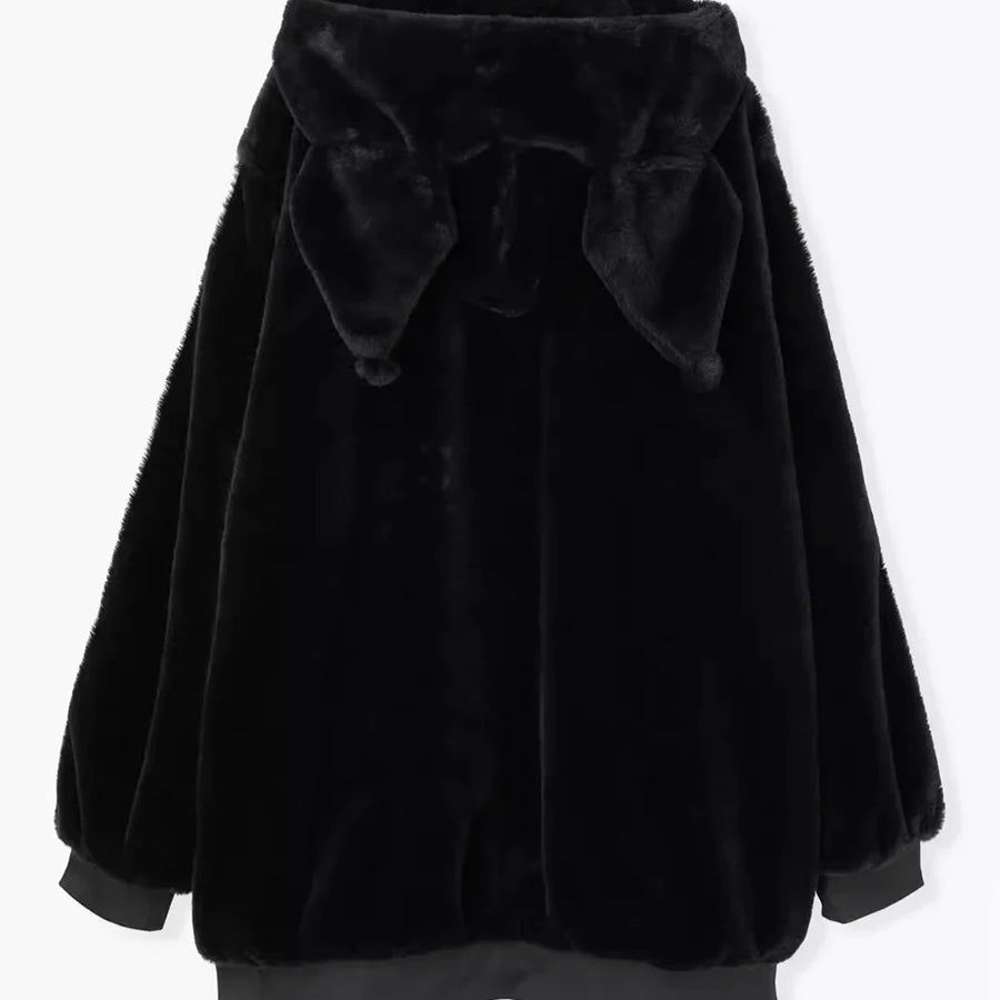 Lautaro Winter Oversized Sweet Cute Soft Black Faux Fur Coat Women with Bunny Ears Kawaii Loose Fluffy Jacket Hoodie Streetwear