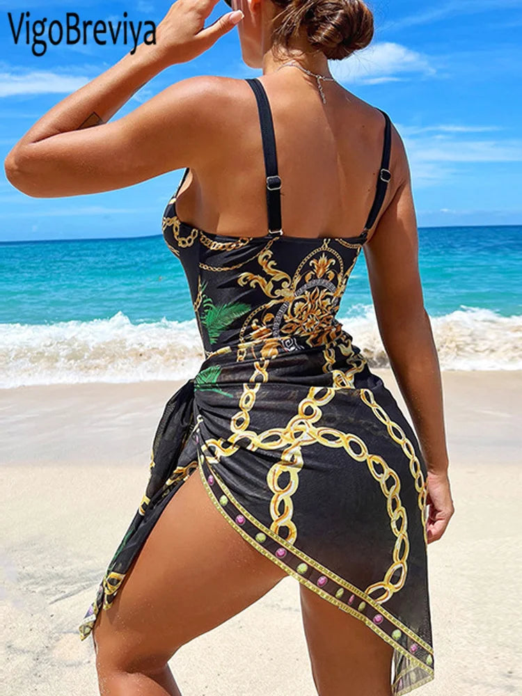VigoBeviya Sexy Print Strapped 2 Piece Swimwear Women Strapped Push UP One Piece Swimsuit Monokini Backless Bathing Suit