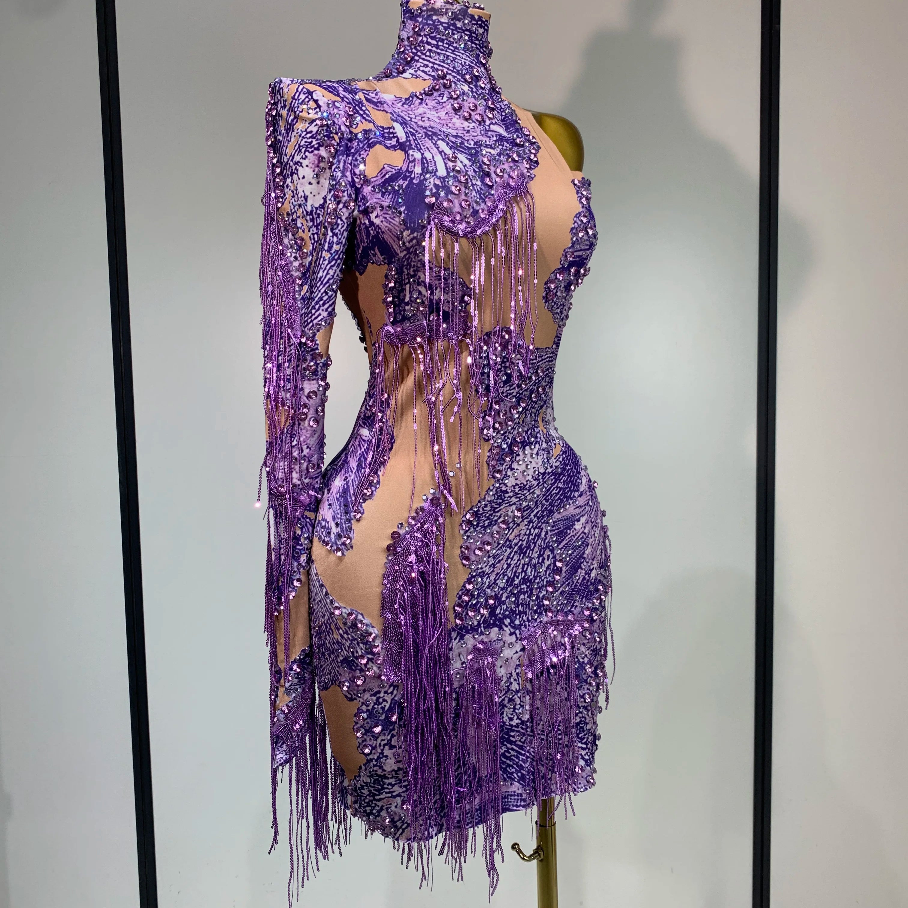 Sexy Sparkly Purple Rhinestones Tassel One Shoulder Sleeve Mini Dress Evening Party Birthday Nightclub Stage Performance Outfit