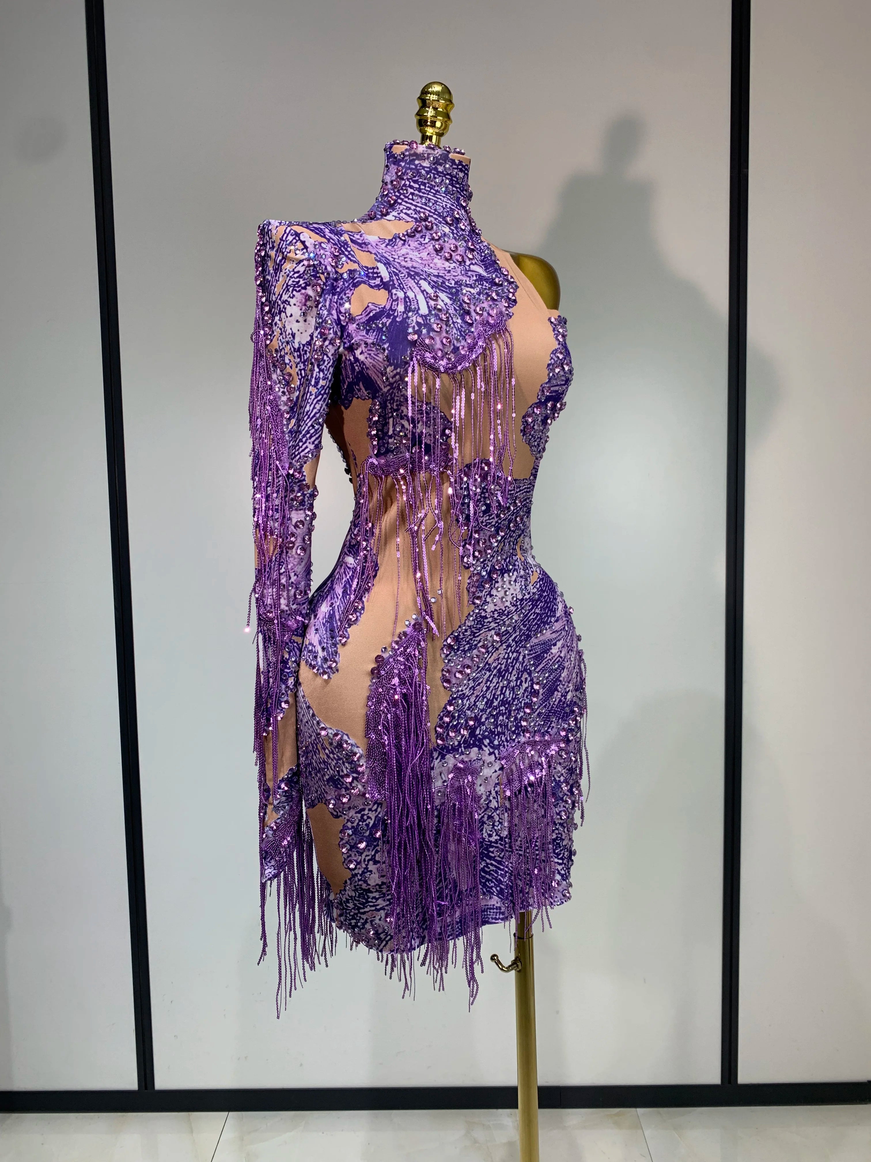 Sexy Sparkly Purple Rhinestones Tassel One Shoulder Sleeve Mini Dress Evening Party Birthday Nightclub Stage Performance Outfit