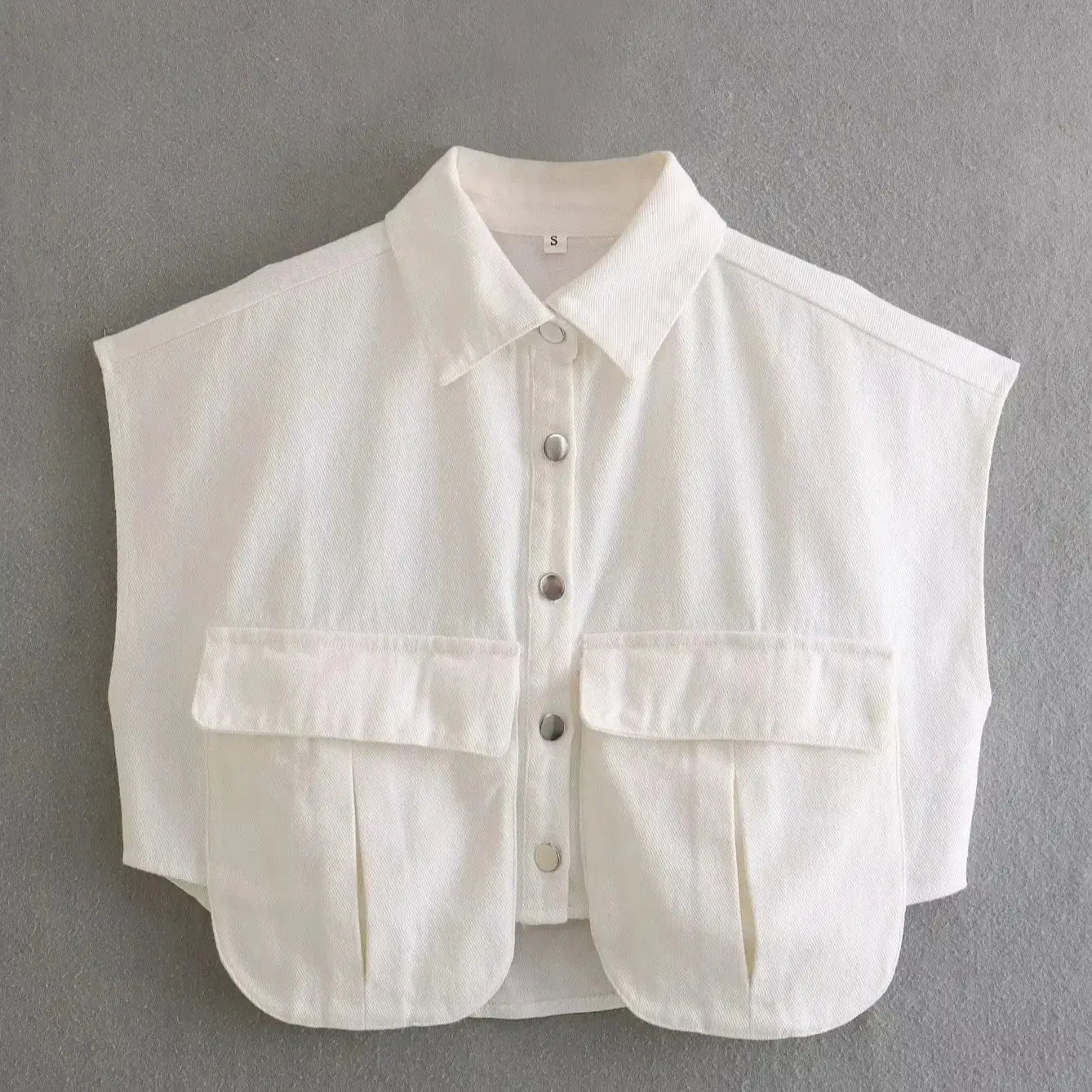 XNWMNZ Women Fashion Pockets Cropped Denim Shirts Sexy Sleeveless Button-up Female Blouses Blusas Chic Top WHITE