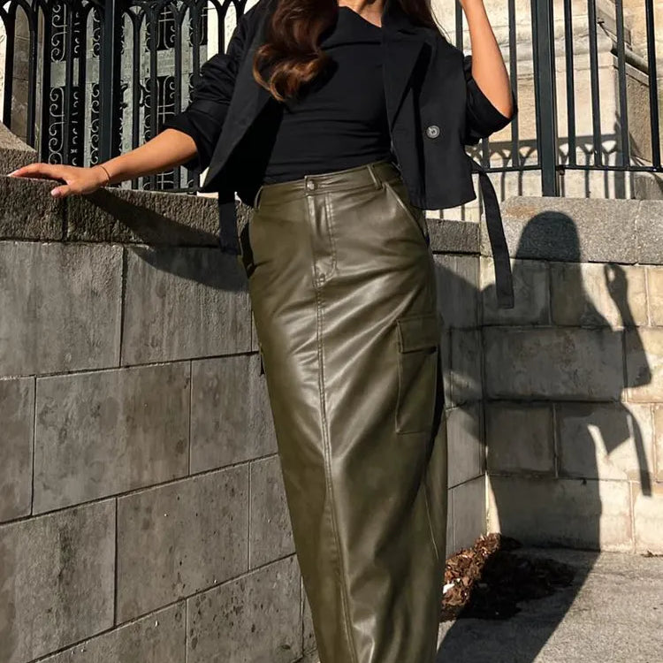 Women Fashion Skirts Spring And Summer Trend Imitation Leather Loose Long Skirt Woman Casual With Pockets Women's Skirts