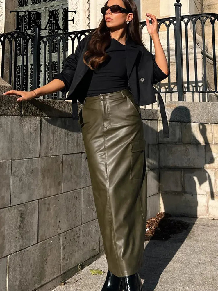 Women Fashion Skirts Spring And Summer Trend Imitation Leather Loose Long Skirt Woman Casual With Pockets Women's Skirts