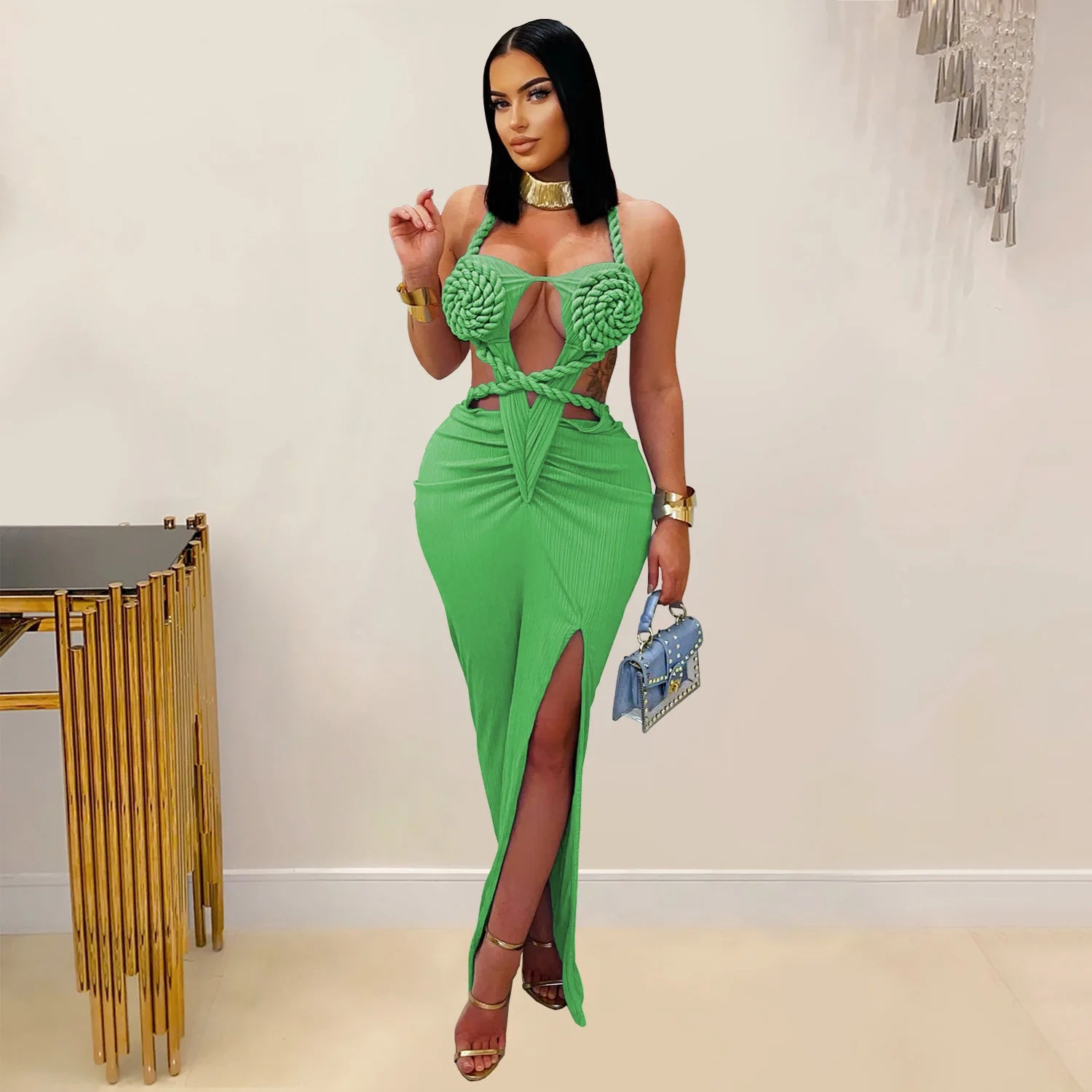 Women Hemp Rope Halter Neck Stacked Ruched High Split Knit Bodycon Midi Maxi Long Dress 2025 Birthday Sexy Party Dresses green