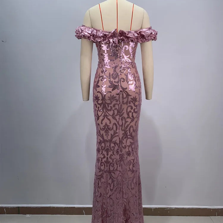 New Luxury Sexy Off Shoulder Ruffles Pink Mesh Sequins Maxi Long Women Celebrity Dress 2024 Elegant Party Evening Club Vestido