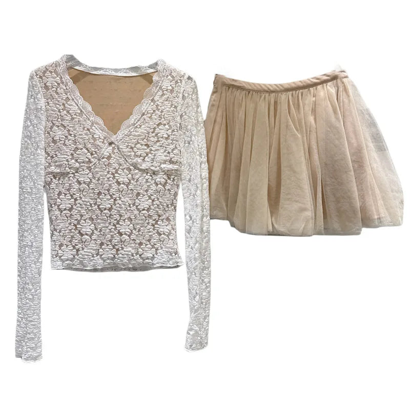 Winter New Elegant Fashion V-neck Base Shirt Lace Top For Women Elastic Waist Mesh Puffy Skirt Female Trendy 11A07849