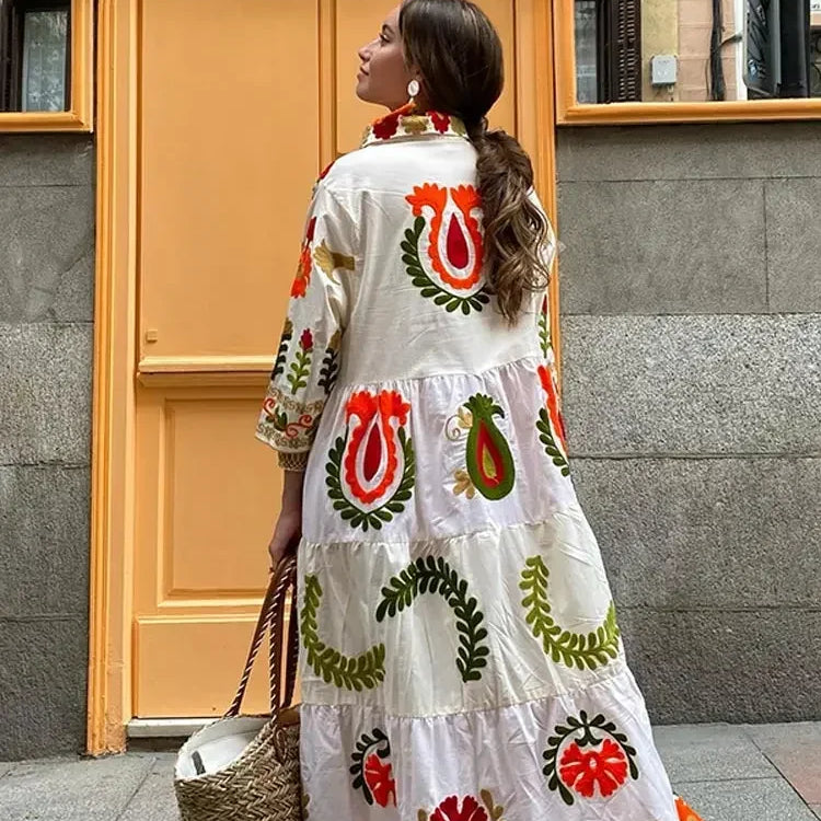 Vintage Flower Print Single Breasted Long Dress Women Elegant Lapel Half Sleeves Loose Hem Dresses Female Vocation Vestidos