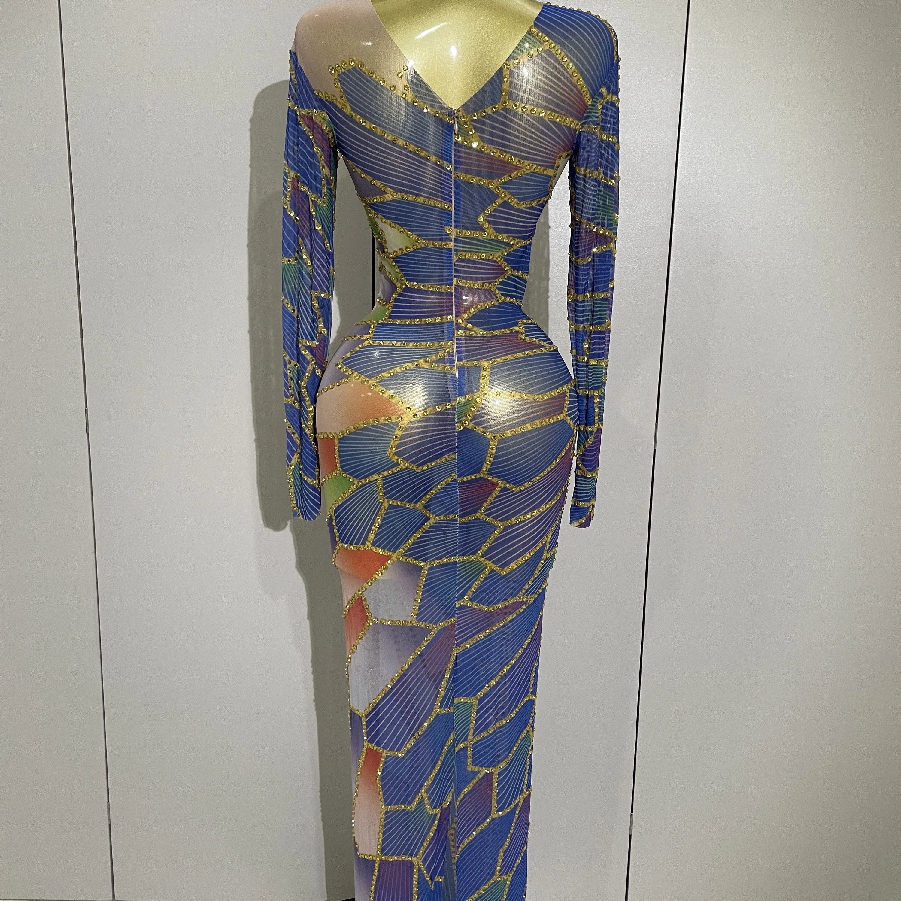 2025 New Luxury Sparkly Rhinestone Stretchy Mesh See Through Long Dress Women Birthday Party Performance Nightclub Stage Costume