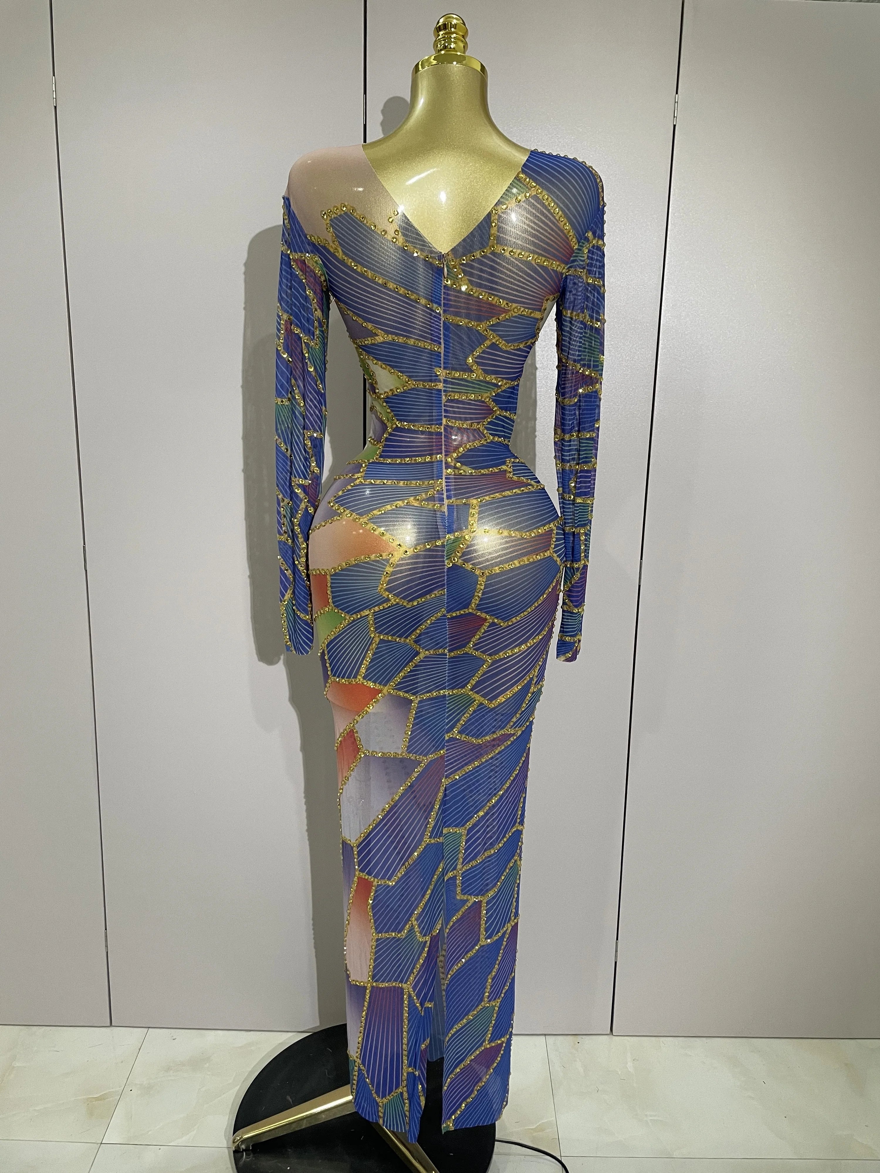 2025 New Luxury Sparkly Rhinestone Stretchy Mesh See Through Long Dress Women Birthday Party Performance Nightclub Stage Costume