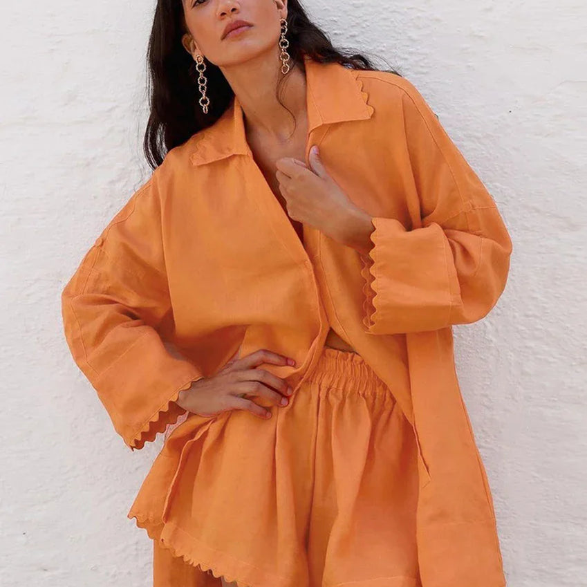 Clacive Casual Loose Orange Cotton 2 Piece Sets Women Outfit Fashion Long Sleeve Shirt With High Waist Ruffle Shorts Set Orange
