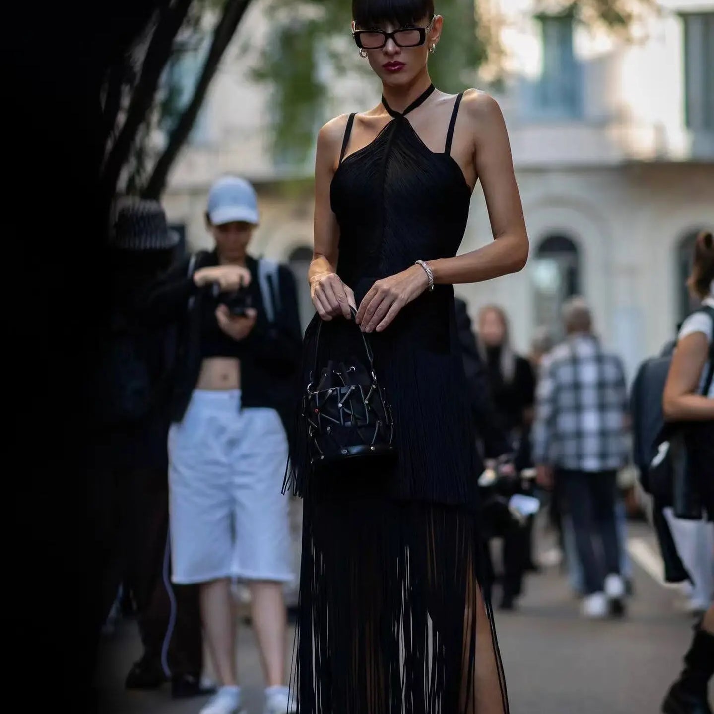 New Black Color Women Sleeveless Sexy Strap Long Tassel Bodycon Bandage Dress Celebrity Red Carpet Evening Party Outfit black