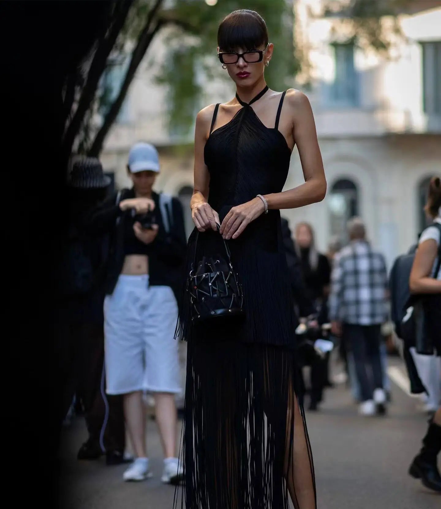 New Black Color Women Sleeveless Sexy Strap Long Tassel Bodycon Bandage Dress Celebrity Red Carpet Evening Party Outfit black