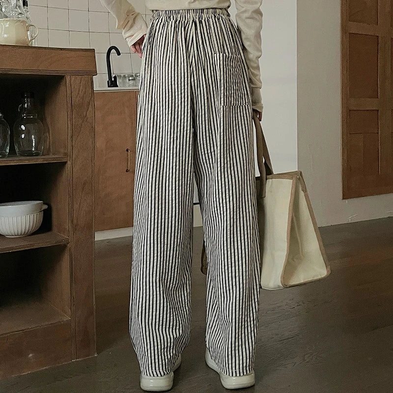 Spring Striped Straight Leg Pants Women Japan Style Full Length Drawstring Casual Versatile Office Lady Daily Trousers Female