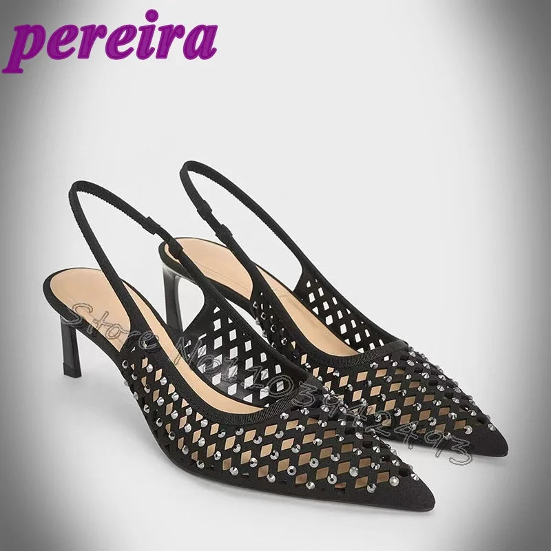 Black Breathable Mesh Hollow-out Design Studded Embellishments Pointed Toe High Heels Women's Summer Outdoor Indoor New Sandals