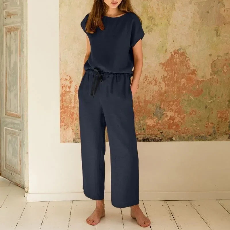2024 New Matching Series Plus Size Women's Clothing Set Fashion Cotton and Hemp Short Sleeved Shirt Wide Leg Pants Two Piece Set deepblue