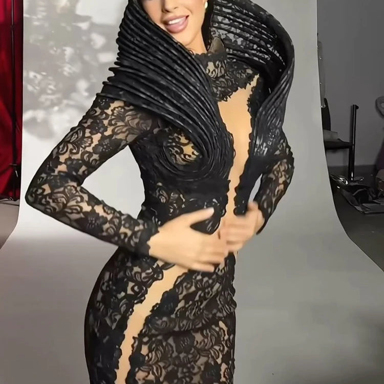 Lace Accent Maxi Dress High Neckline Cut-out Tulle Fabric Long Sleeves Floor Length Cocktail Party Evening Gowns