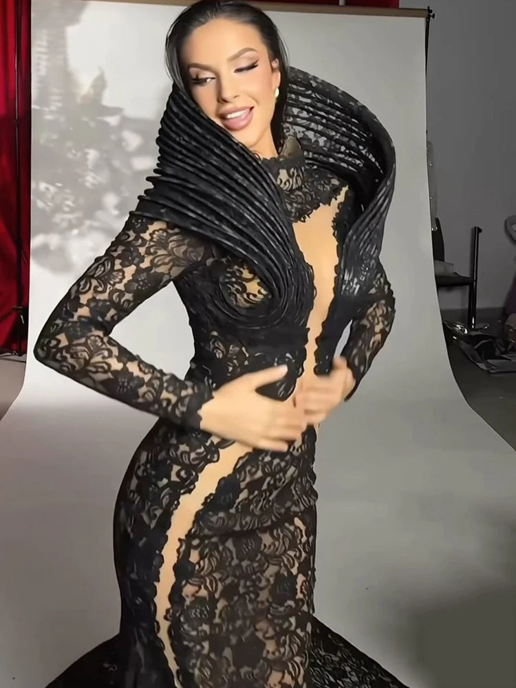 Lace Accent Maxi Dress High Neckline Cut-out Tulle Fabric Long Sleeves Floor Length Cocktail Party Evening Gowns