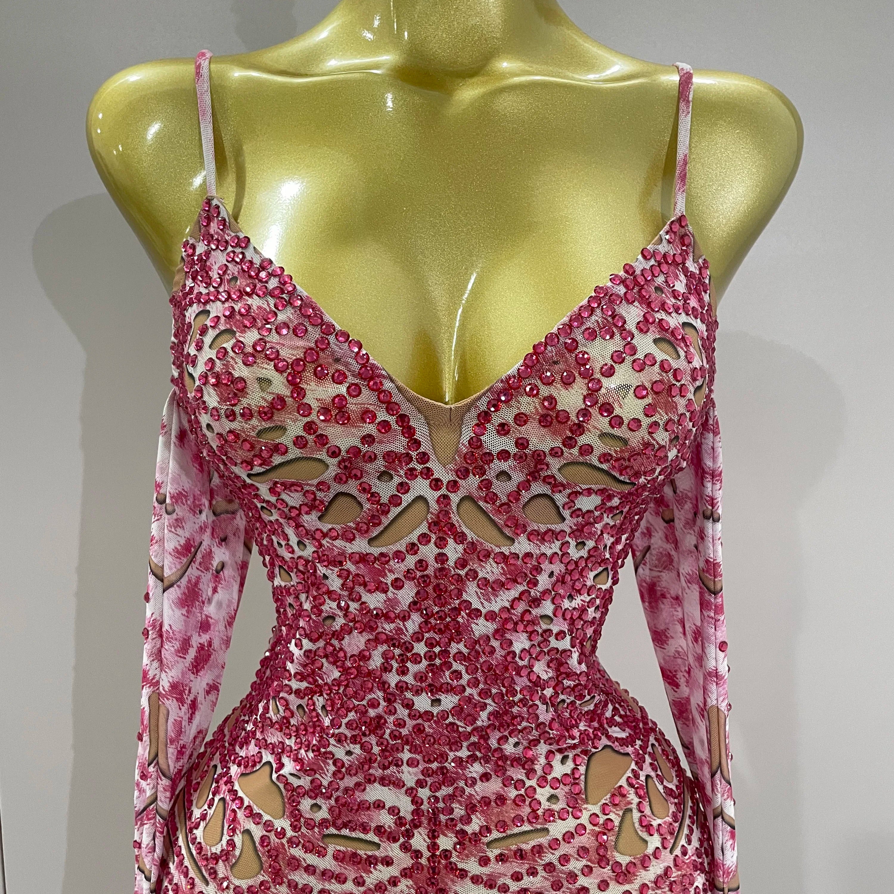 2025 New Sexy Sparkly Rhinestones Mesh Mini Dress With GlovesWomen Evening Birthday Party Celebrate Costume Dancer Stage Wear