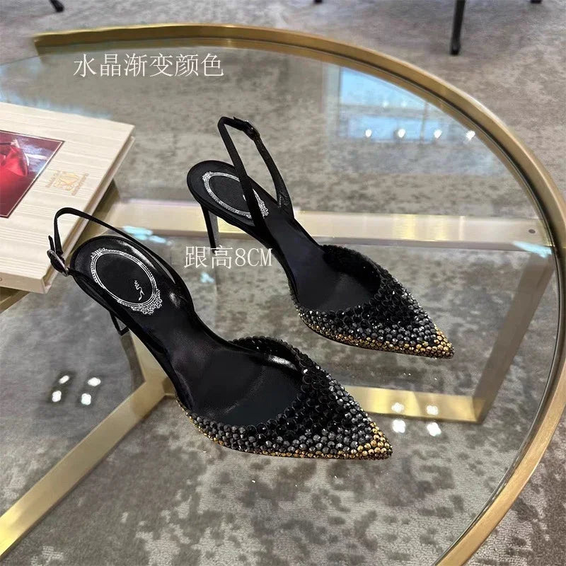 New Baotou sandals rhinestones gradient high heels, women's fashion, stunning temperament sandals formal dress, banquet shoes Black gold gradient