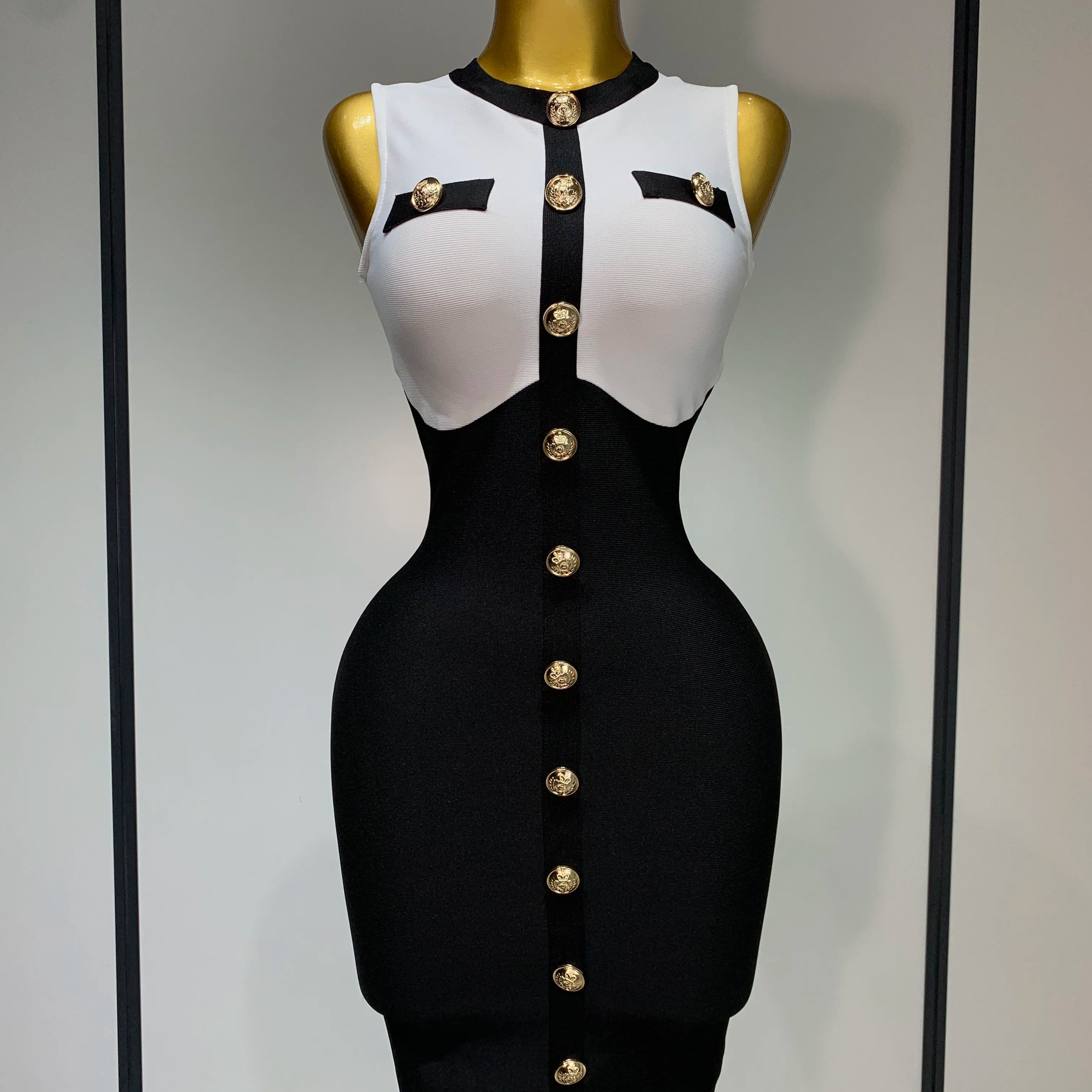 2025 New Arrivals Fashionable Women Bandage Golden Buttons White Black Patchwork Sleeveless Bodycon Elegant Party Dresses WHITE