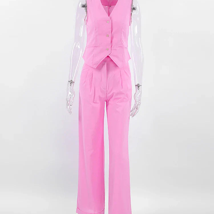 Mnealways18 Khaki Elegant Women 2 Pieces Sets Cotton Linen V-Neck Sleeveless Vest Outfit Summer Vacation Wide Leg Pant Sets 2023 Pink