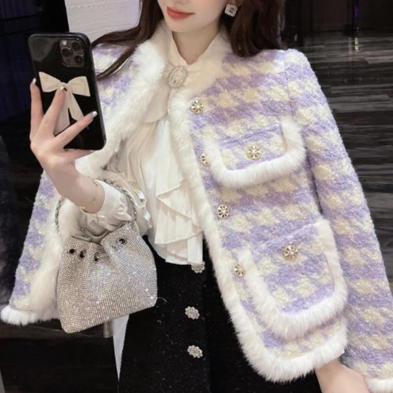 Women's Cotton Short Coat Commuter Style Overshirt Thickened Jacket Autumn Winter Clothes Imitation Mink Fur Coat Checkered Suit