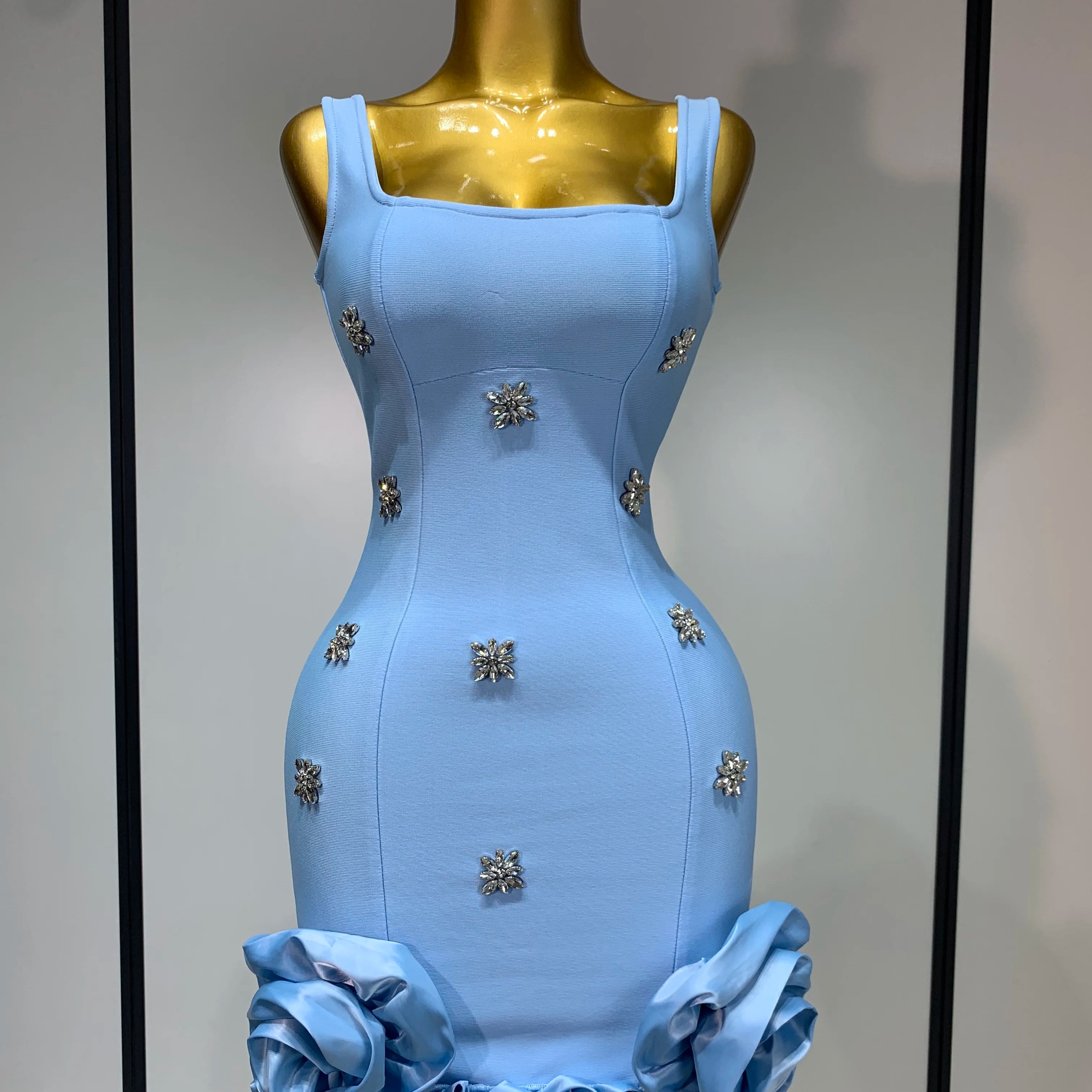 Women Sexy Square Collar Sparkly Rhinestone Bodycon Mini Bandage Dress Celebrate Evening Party Elegant Luxury Birthday Dress SKY BLUE