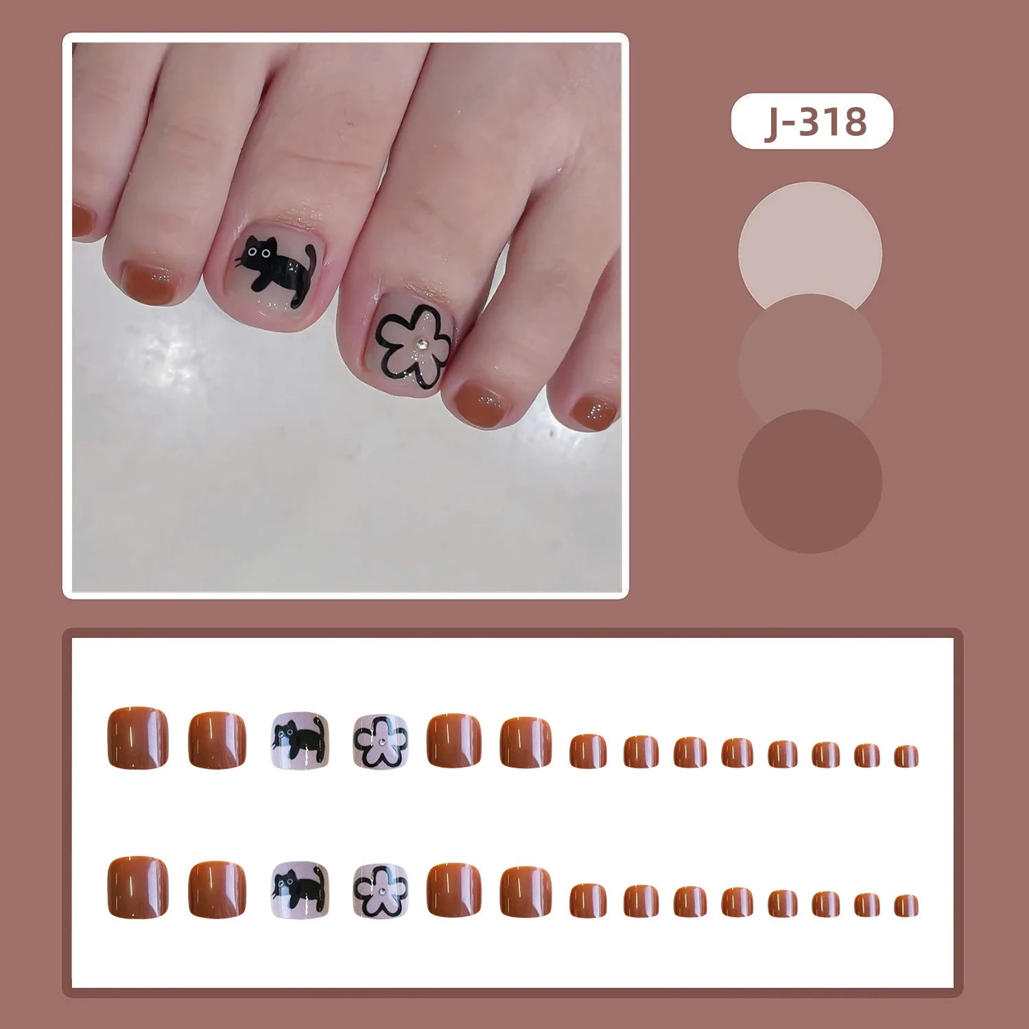 24pcs Summer Cute Press on Toenails Cartoon Cat Bear Print False Toe Nails Wearable Sweet Red Korean Style Fake Toenails 3
