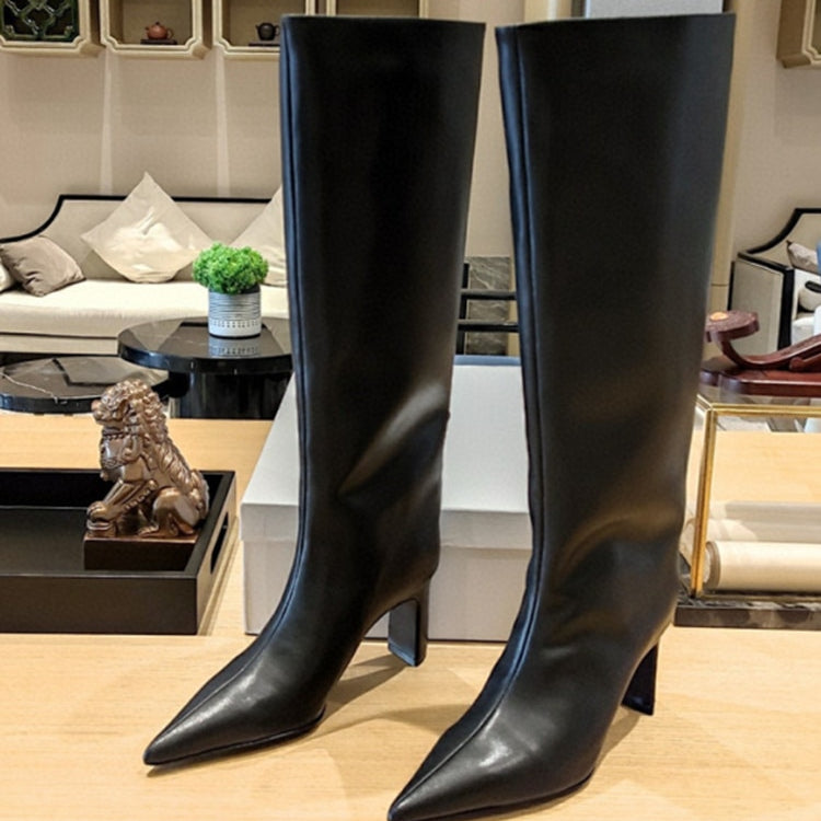 Women's New Pointed Thick Heel Sleeve Knee High Boots Fashion Fashion Show Gold Large Winter Boots 263black