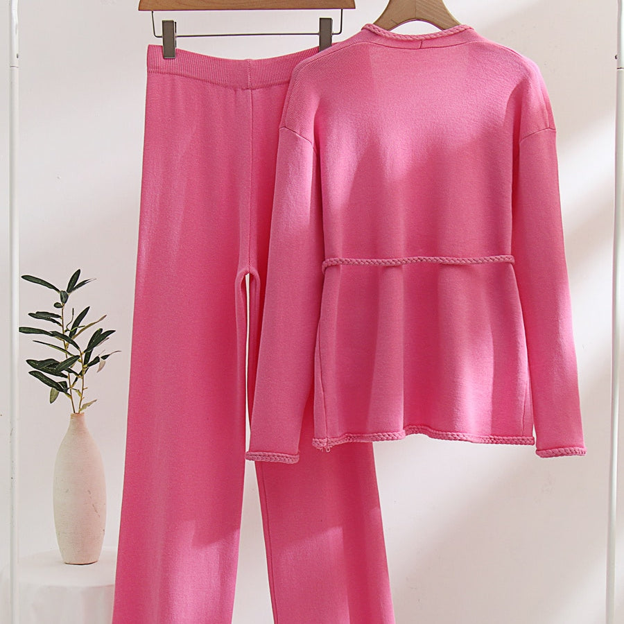 Spring Autumn Knitted Suits Women Long Sleeve Sweater and Wide leg Pants Sets Outwear Loose Lace Up Cardigan Outfits Sets
