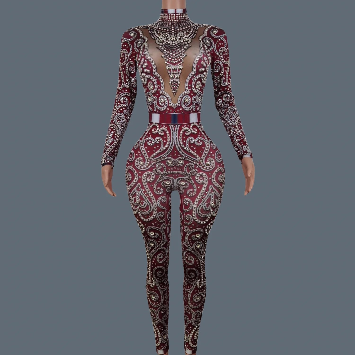 Classic Rhinestones Pearls Spandex Jumpsuit Women Nightclub Party Elastic Sexy Bodysuit Showgirl Performance Stage Wear Quanquan Red One Size