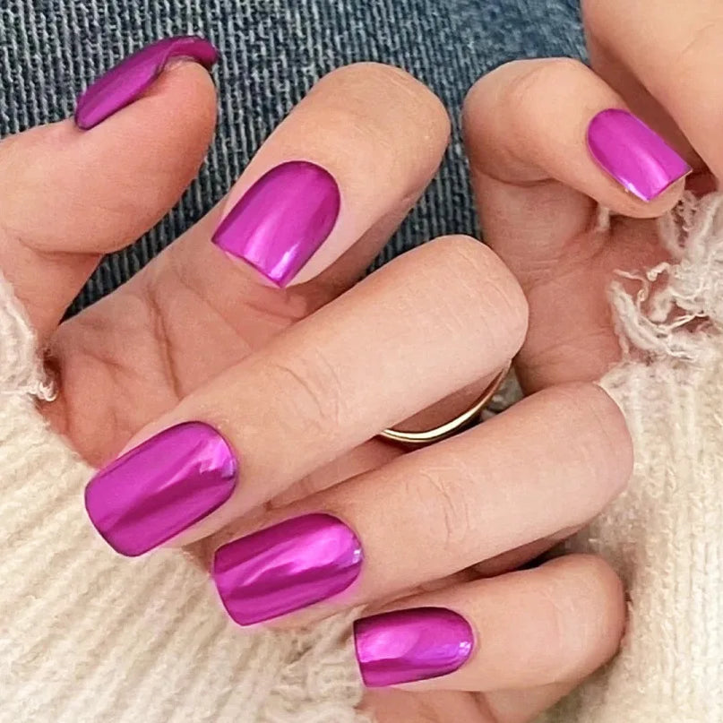 24pcs/set short fake nails metallic red black rose green blue silver golden square tips mirror effect press on false nail art Rose