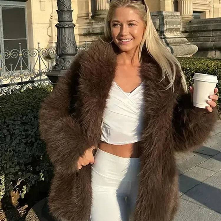 Luxury Brown Women Faux Fur Jacket Oversized Lapel Long Sleeve Warm Fluffy Coats Winter Female Loose Streetwear Outwears