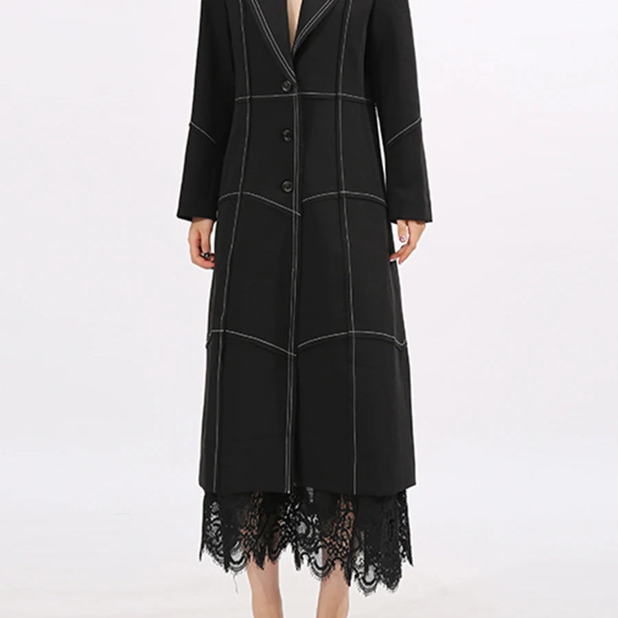 Slimming Spliced Single Breasted Elegant Trench for Women Lapel Long Sleeves Temperament Jacket Femlae Clothing New BLACK