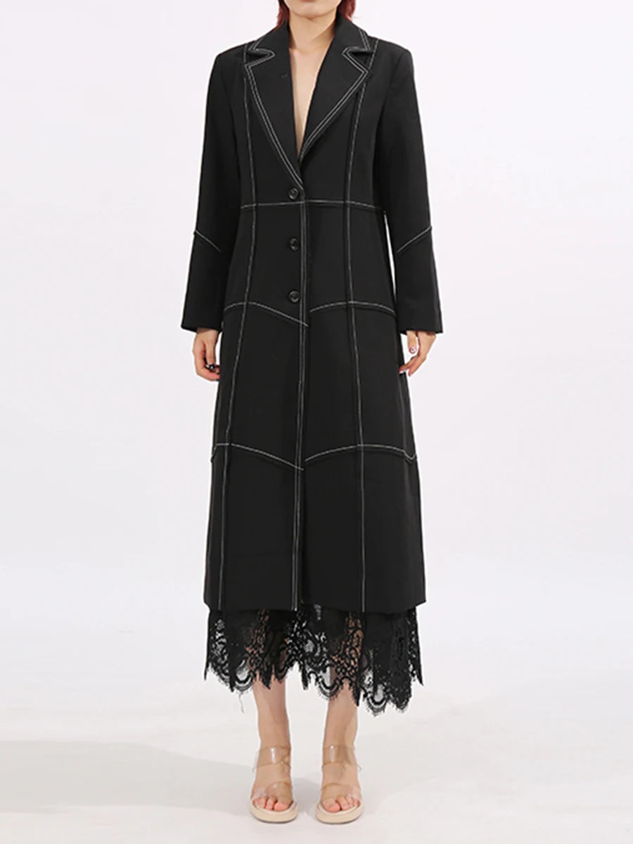 Slimming Spliced Single Breasted Elegant Trench for Women Lapel Long Sleeves Temperament Jacket Femlae Clothing New BLACK