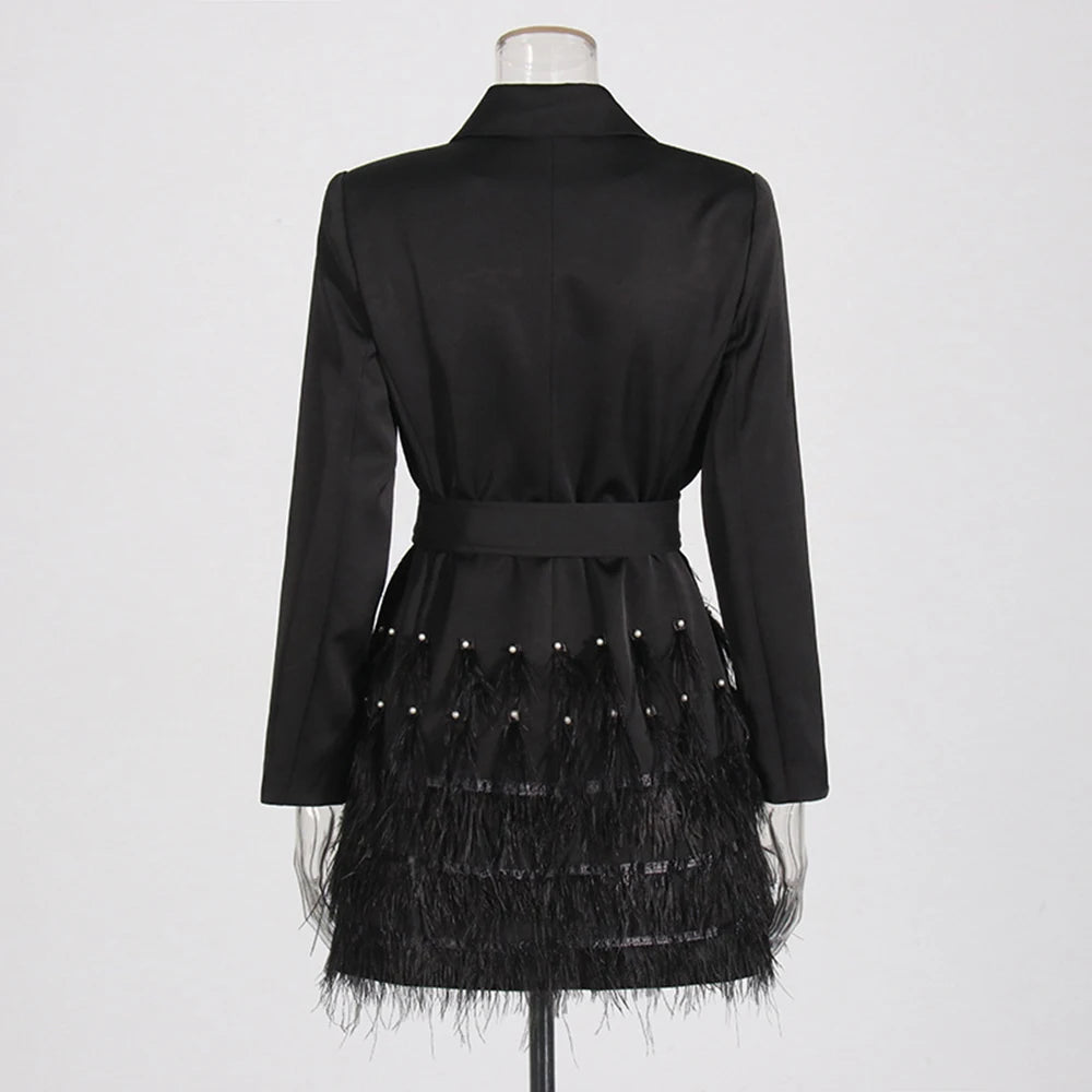 Solid Spliced Bead Fashion Mini Dresses for Women Lapel Long Sleeves Patchwork Button Elegant Dress Female Clothing