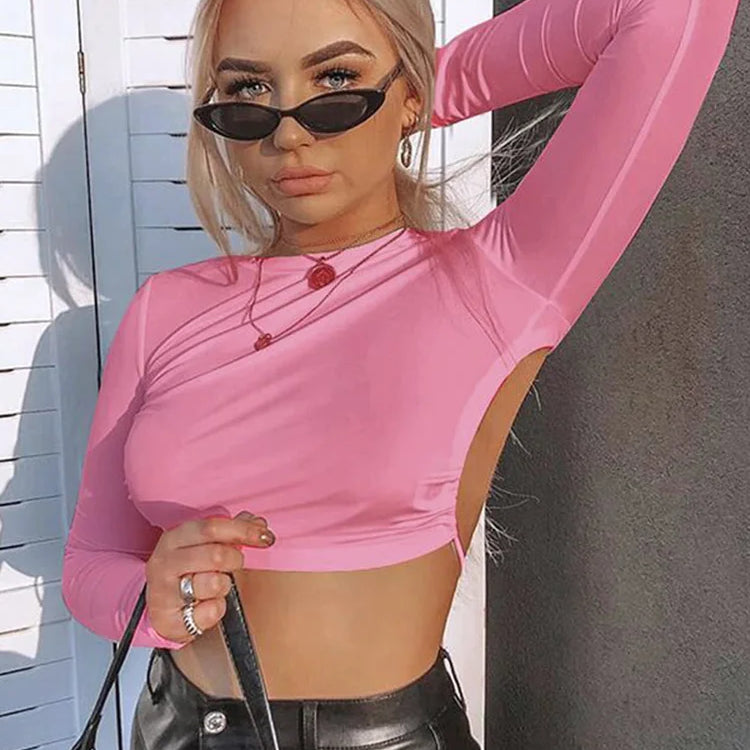 Women Sexy Harajuku Open Back T-shirt Long Sleeve Top Cropped Tops Women T-shirt Summer Casual Tops White Fashion T-shirt 2022