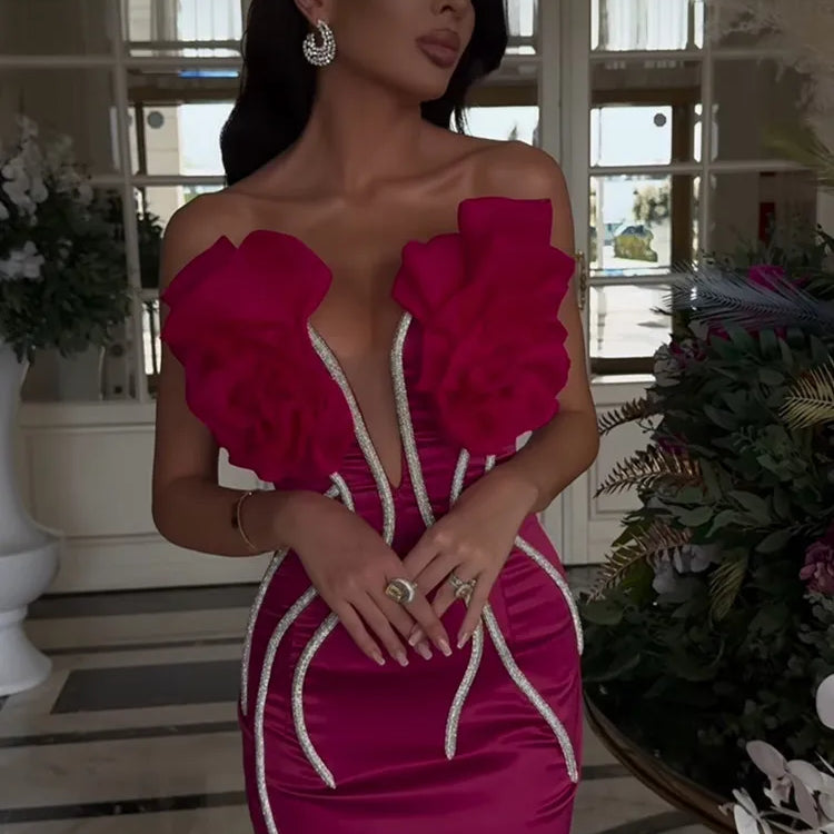 Women Celebrity Sexy Strapless Backless Beading Diamonds Pink Maxi Long Bandage Dress Elegant Evening Club Party Dress