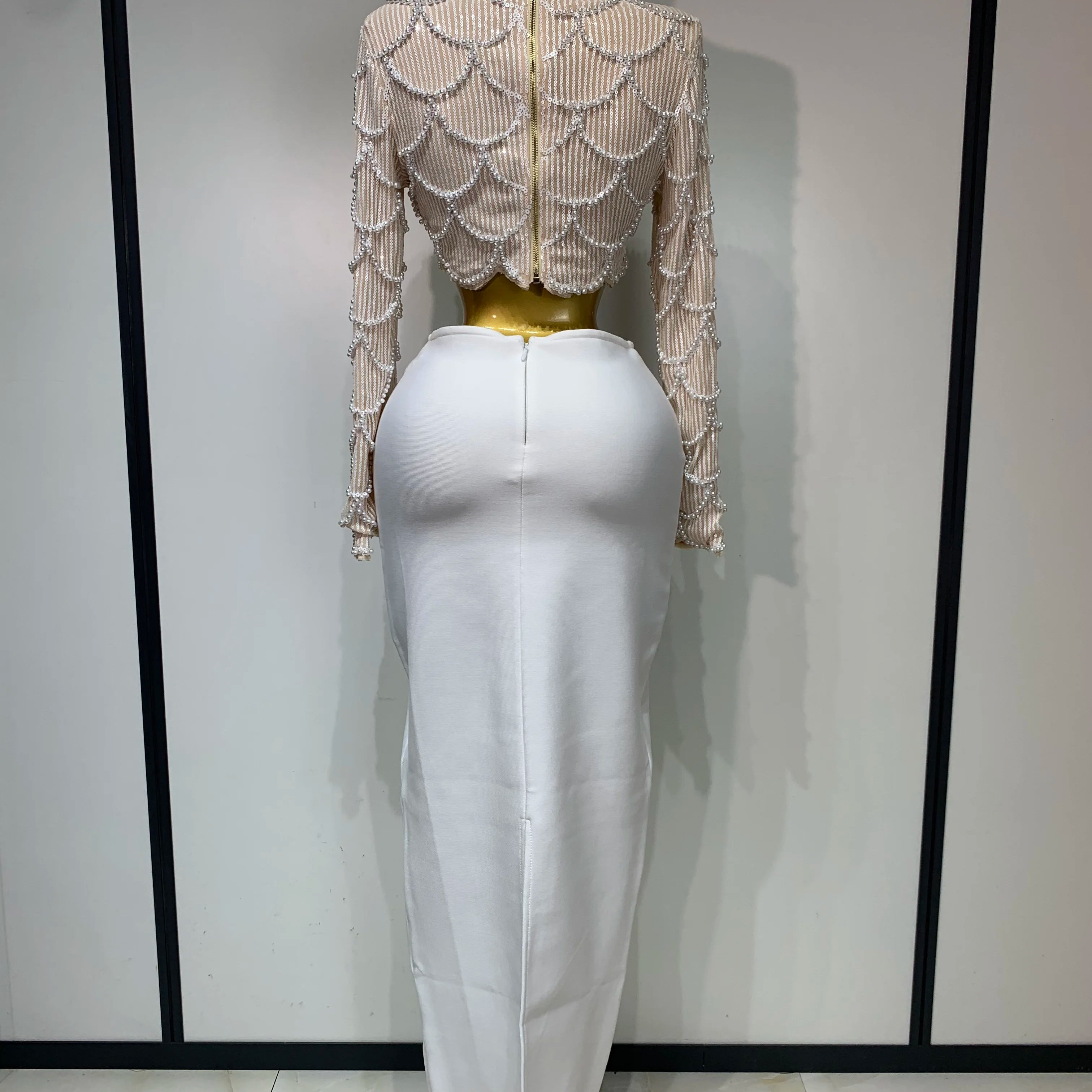 Women Long Sleeve Sexy Beading Tops Two Pieces Set Bodycon Long Bandage Dress Luxury Birthday Evening Party Wedding Guest Gowns