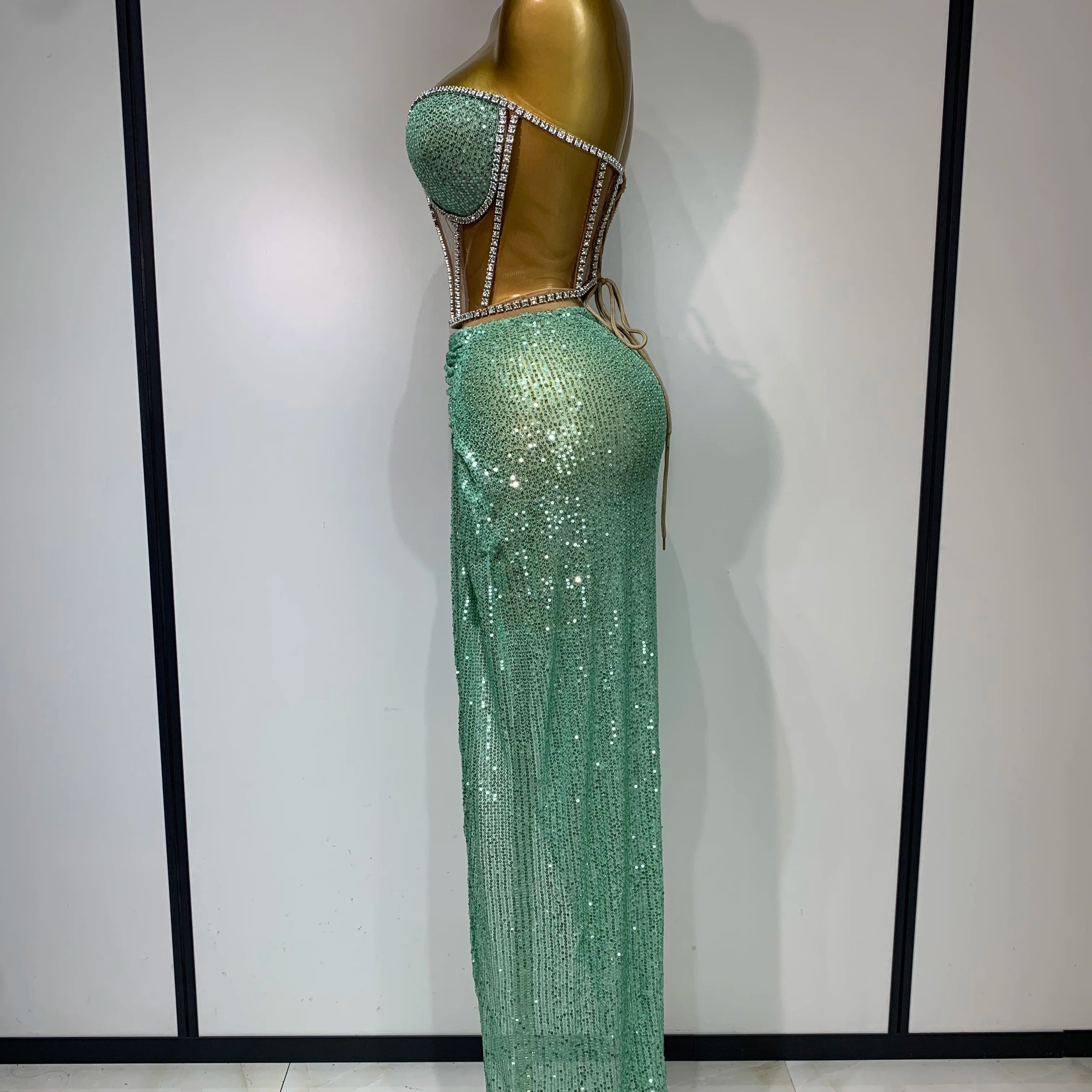 Women Sexy Nightclub Skirt Sets Strapless Diamonds Sequines Two Piece Sets Gogo Performance Outfit Evening Party Birthday Dress