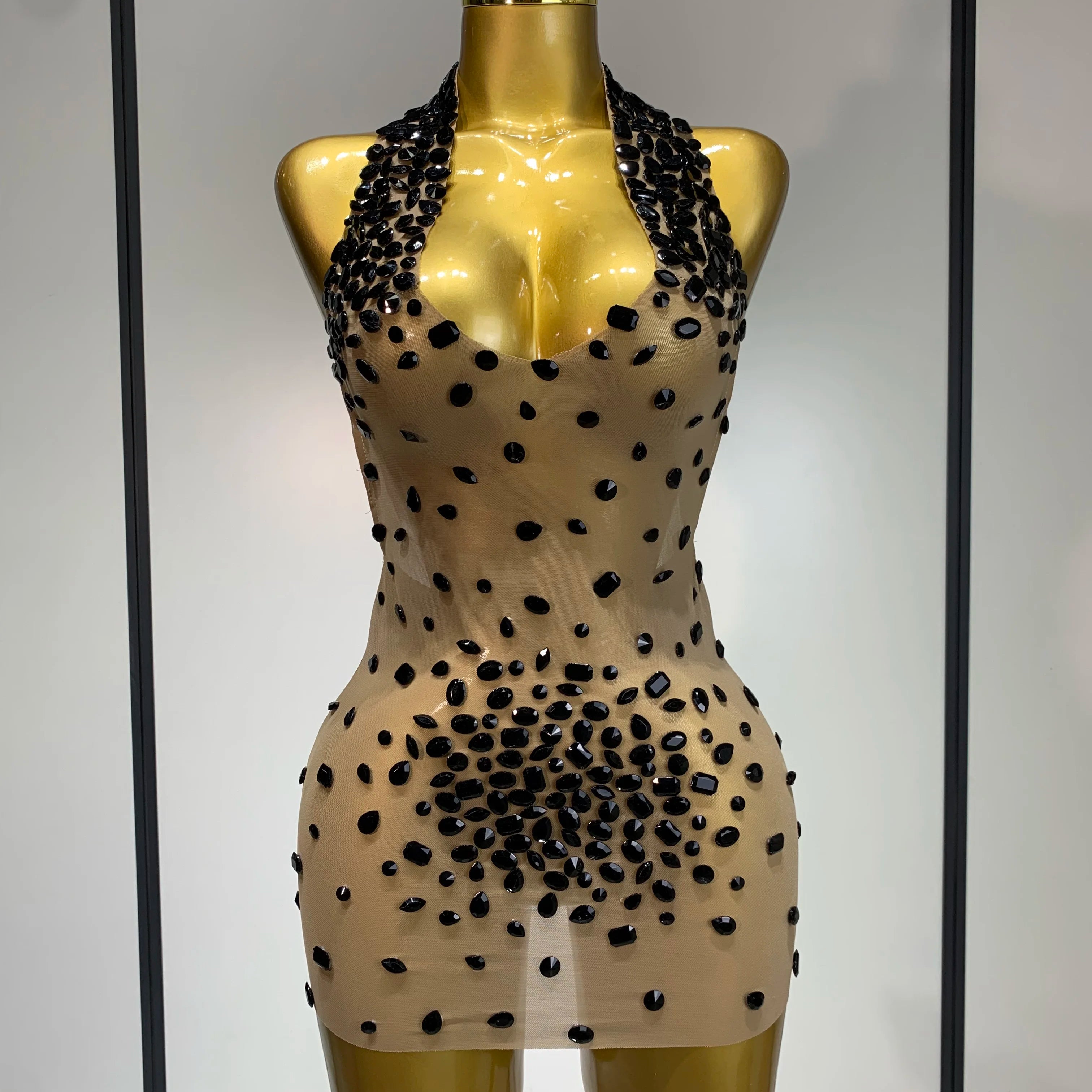 Luxury Rhinestones Backless Mini Dress Women Sexy Mesh Transparent Celebrate Evening Birthday Photo Shoot Perform Stage Outfit black