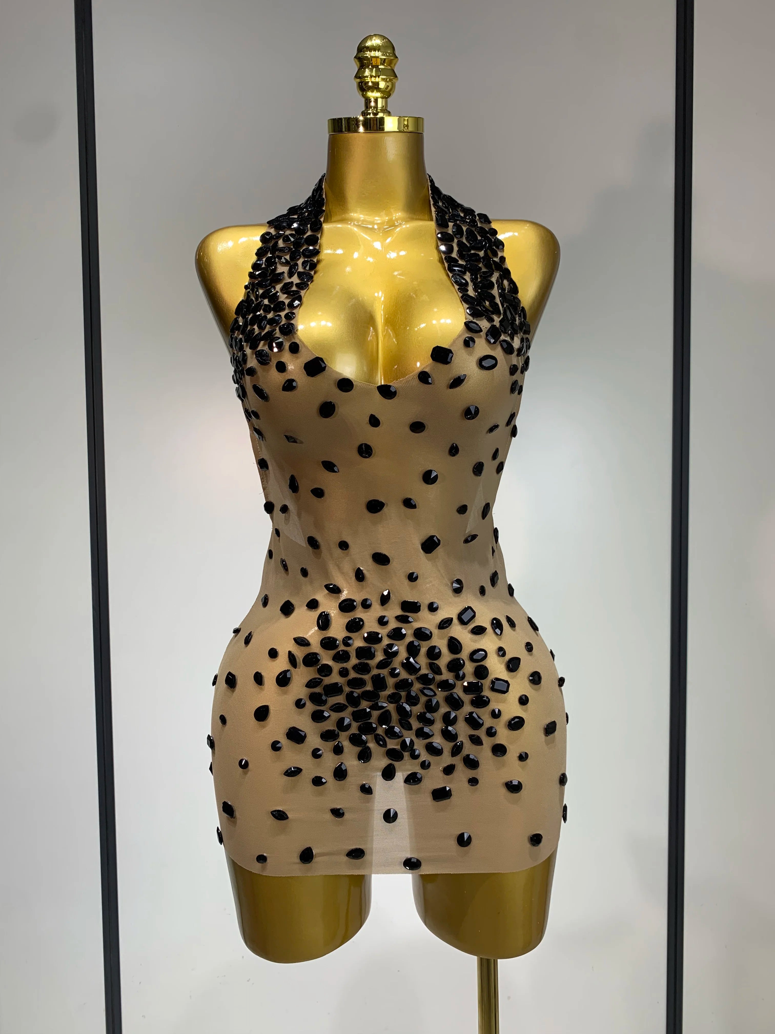 Luxury Rhinestones Backless Mini Dress Women Sexy Mesh Transparent Celebrate Evening Birthday Photo Shoot Perform Stage Outfit black