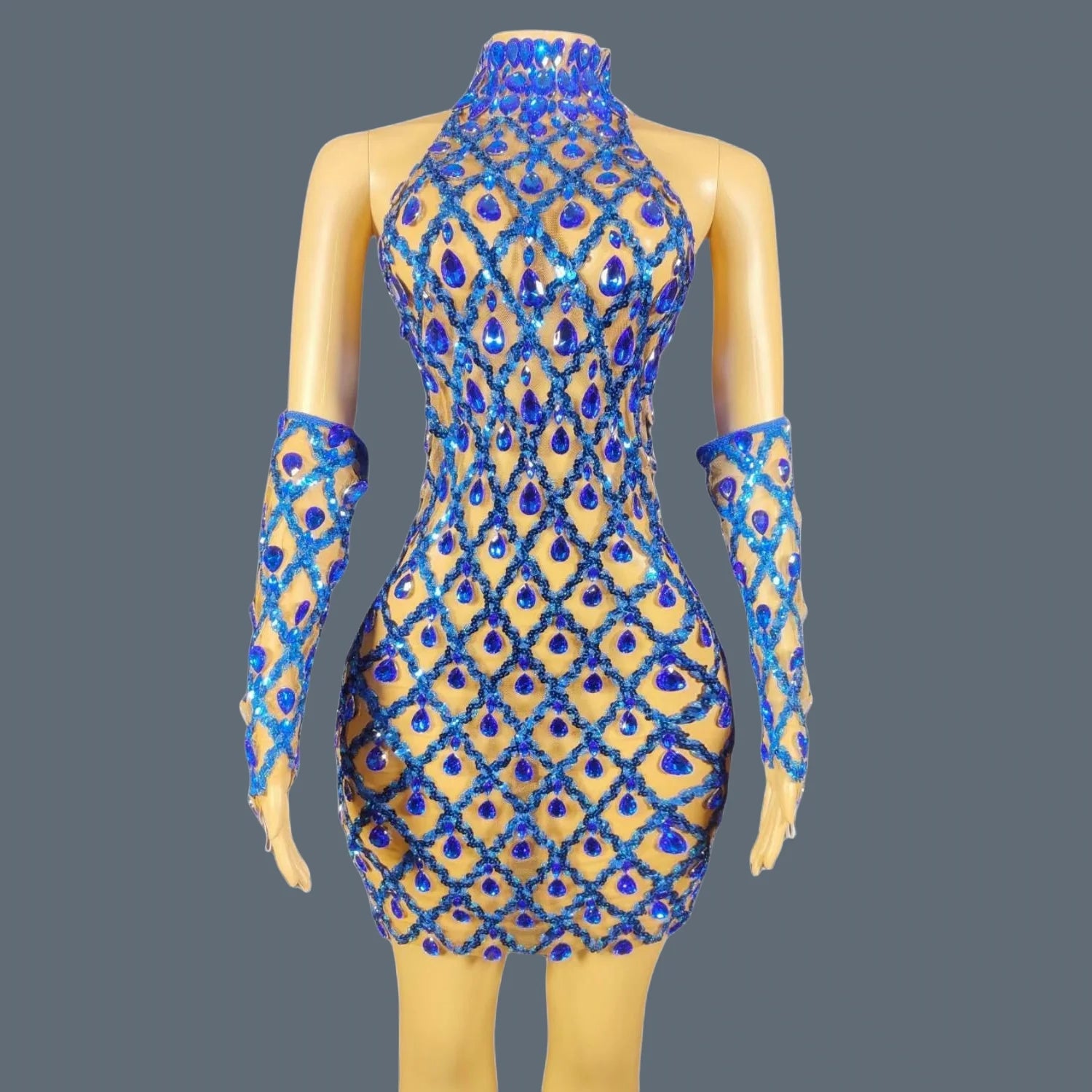 Sparkly Sequins Crystals Summer Mini Dress Sexy Sleeveless See Through Mesh Women Party Dress Event Singer Show Wear Shaokaojia blue One Size