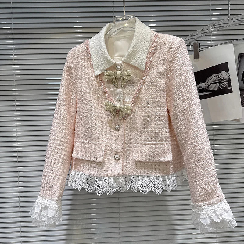 Autumn Winter New Fashion Sweet Pearl Bow Tie Down Short Coat Midi Skirt Tweed Two-pieces Set For Women 11A07717