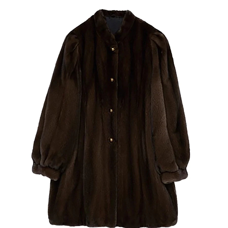 Lautaro Winter Luxury Elegant Thick Warm Fluffy Soft Brown Faux Mink Fur Coat Women Mid-Century Modern Vintage Furry Overcoat